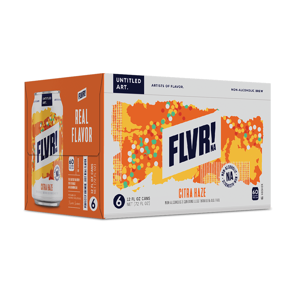 A 6-pack carton of Untitled Art FLVR! NA Citra Haze non-alcoholic beer