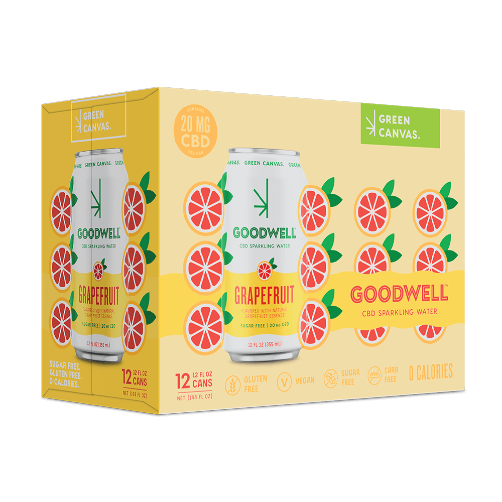 A 12-pack carton of Untitled Art Goodwell Grapefruit CBD Sparkling Water